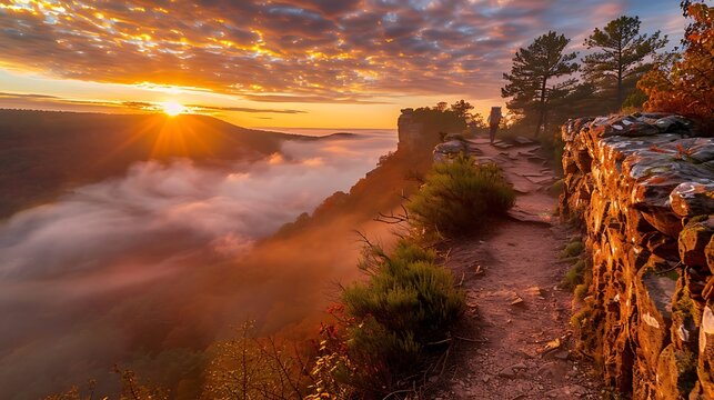Cliffside trail winding above valley fog with golden sunrise and backpacker - Powered by Adobe