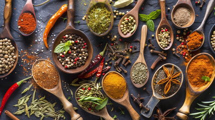 Assorted herbs and spices in artistic arrangement, celebrating natural flavors and culinary diversity
