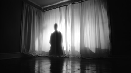 halloween concept wallpaer: Ghost Silhouette Behind Window Curtain