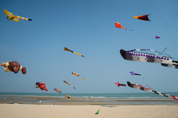Flying kite festival with Octopus, jellyfish, shark fish and shaped animal. Various colorful kites...