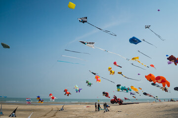 Flying kite festival with Octopus, jellyfish, shark fish and shaped animal. Various colorful kites flying in the blue sky on the public beach. Free public event featuring local of Thailand.