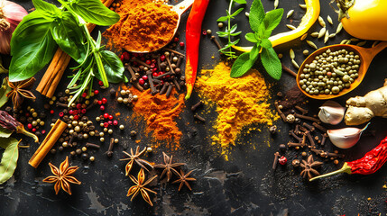 Assorted herbs and spices in artistic arrangement, celebrating natural flavors and culinary diversity
