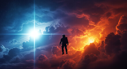 Astronaut in a dramatic cosmic landscape