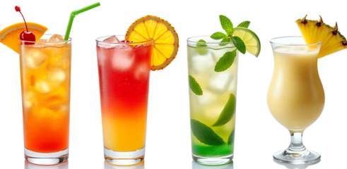 Assorted colorful tropical cocktails with fruit garnish on transparent background