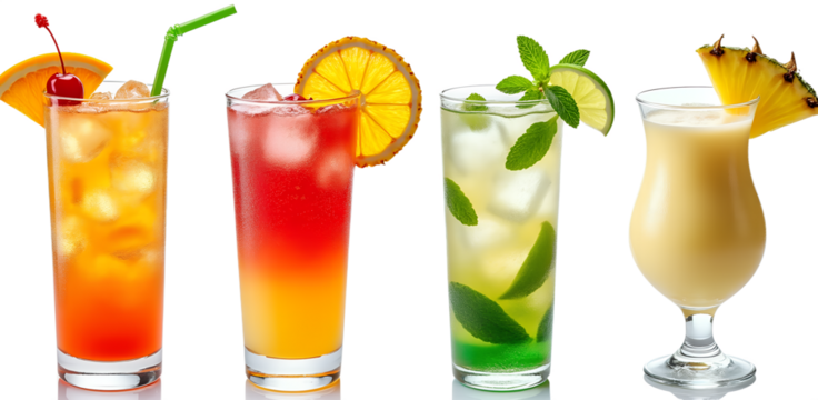 Assorted colorful tropical cocktails with fruit garnish on transparent background