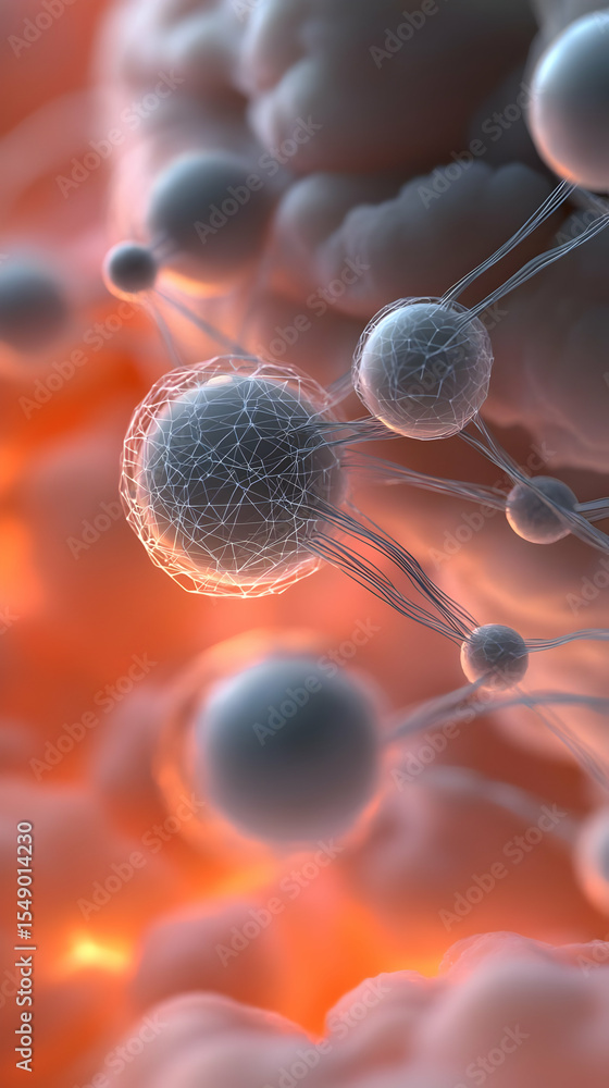 Poster abstract representation of interconnected spheres within a hazy, fiery environment. complex network 