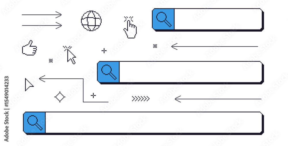 Poster search bar pixel art set. 8bit web browser elements collection. retro internet find shapes. click cu