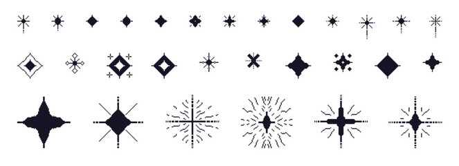 Pixel art stars silhouette. 8 bit outline sparkles. Magic firework icons in retro 90s style. Black lines shine glitter. Twinkle y2k snowflakes. starburst price vintage party. Vector illustration.