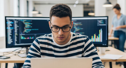 Young man in striped shirt smiling while coding and analyzing charts on multiple monitors in a bright modern office setting.