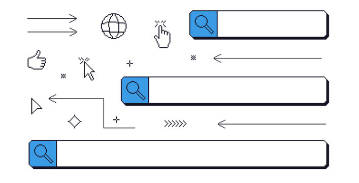 Search bar pixel art set. 8bit web browser elements collection. Retro internet find shapes. Click cursor, hands, buttons and windows design. Vector illustration isolated on white background.