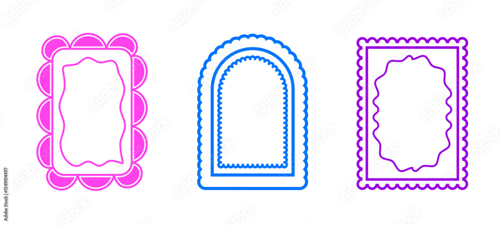 Poster retro funky arch and geometric frames. set of fun neon colors borders with scallop edges. text boxes