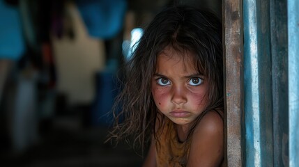 Obraz premium A poignant portrait of a young girl with expressive eyes, reflecting her emotions amidst a challenging environment, highlighting innocence and resilience in difficult situations.