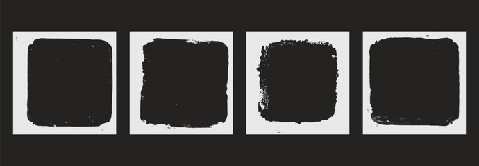 Grunge graffiti frames set templates. Ink paint border with rough edges for poster and banner. Retro textured overlays. Rectangular old black abstract flyer backgrounds. Vector design illustration.