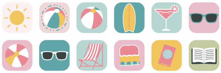 Beach day essentials icon pack in pastel colors – Suitable for travel guides, beachwear promotions, or mobile design kits.