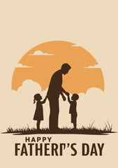 A minimalist illustration featuring the silhouette of a father and two young children against a setting sun.