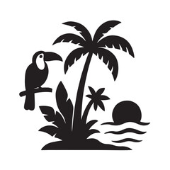 Tropical Island Icon with Palm Tree Bird and Sunset
