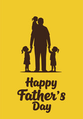 A minimalist illustration featuring a dark silhouette of a father holding hands with two young children against a vibrant yellow background.