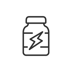 Supplement bottle with lightning, linear icon. Energy booster, pre-workout nutrition. Line with editable stroke.