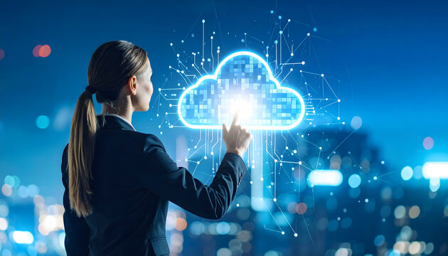 Person in Suit Holding Glowing AI Cloud Device in Night Cityscape