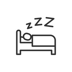Sleeping person in bed, linear icon. Rest and healthy sleep habit. Line with editable stroke.
