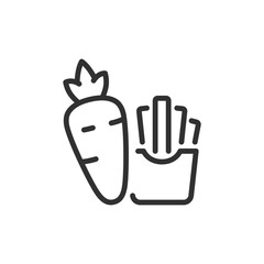 Obraz premium Carrot and fries, linear icon. Food contrast or diet vs junk. Line with editable stroke.