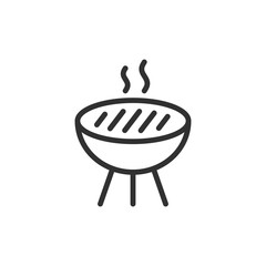 Grill with steam, linear icon. Outdoor barbecue, cooking or picnic symbol. Line with editable stroke.