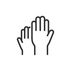 Obraz premium Raised hands, linear icon. Volunteering, voting, support, or classroom participation. Line with editable stroke