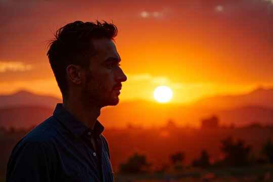 Surrounded by a colorful sunset, his silhouette is outlined against the sky. - Powered by Adobe