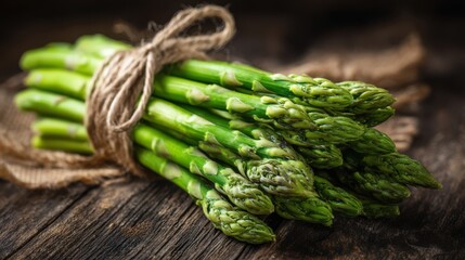 Vibrant green asparagus stalks are gathered and tied with twine, resting on a worn wooden table, showcasing their fresh and healthy appeal perfect for a spring meal