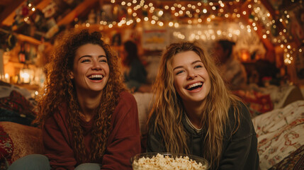 Best Friends Laughing on a Couch During Movie Night