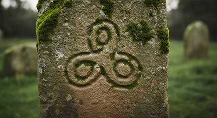 Obraz premium Ancient Triskele Carving on Moss-Covered Stone in Rural Setting