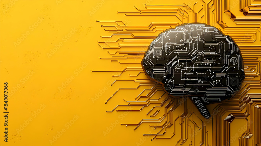 Poster 3d render of a brain with circuit board design, set against a bright yellow background. the brain is