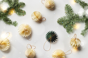 New Year Festive winter holidays concept, Minimal style top view aesthetic layout with beige paper...