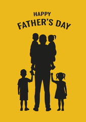 A striking silhouette illustration celebrates Father's Day. A father figure carries two children on his back, while two more hold his hands. 