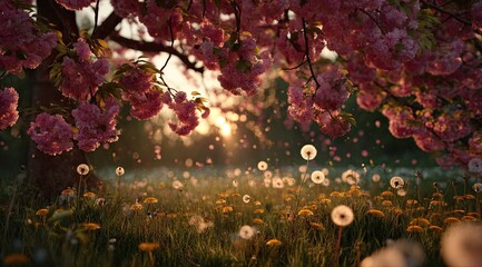 Blossoming Trees in Golden Light Meadow