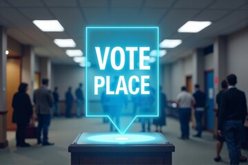 Title: Interactive Holographic Voting Booth Sign hovering above the voters.