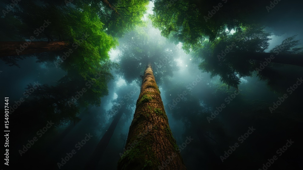 Poster a mesmerizing view of towering trees in a misty forest, creating a sense of serenity and wonder whil