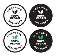 Obraz premium 100% Vegan Icons Set – Round Labels in 4 Color Variations for Plant-Based, Organic, and Eco-Friendly Products