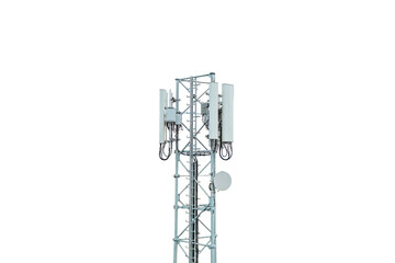 Telecommunication tower with antennas on white background