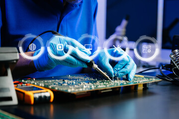 Engineer in gloves repairing a computer motherboard with digital AR icons. Technology, repair,...