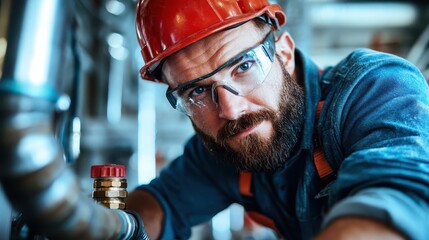 This close-up image captures a dedicated worker wearing safety gear, demonstrating concentration and professionalism while engaged in a hands-on task in an industrial environment.