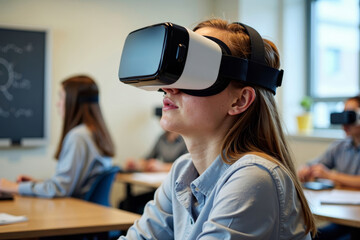 Female Student Dives into Virtual Classroom with VR Headset for Studying.