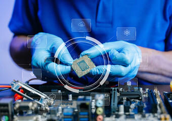 Engineer repairing motherboard with smart AI, cloud, and chip icons. Futuristic tech, hardware, and...