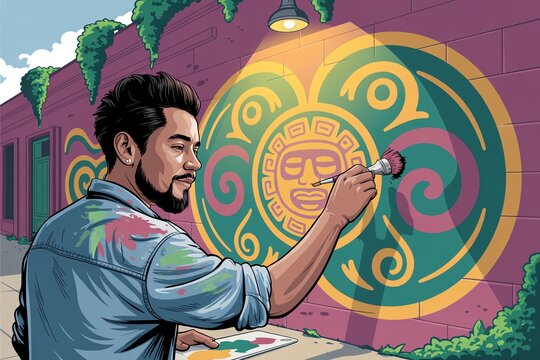 An artist passionately painting a vibrant mural, showcasing cultural symbols and creativity in urban settings.