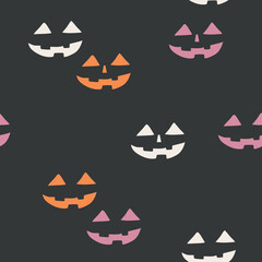 Halloween vector pattern with glowing faces on the dark background for wrapping paper, texile design, fabric, scrapbooking. 