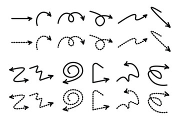 Hand-Drawn Arrow Icon Set – Curved, Dotted, Spiral & Zigzag Styles
