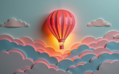Obraz premium Paper cut art concept. Colorful hot air balloon floating among stylized clouds.