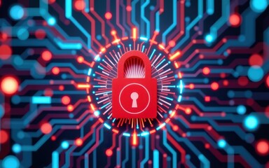 Fototapeta premium Paper cut art concept. Digital lock symbol on a circuit board background with vibrant colors.
