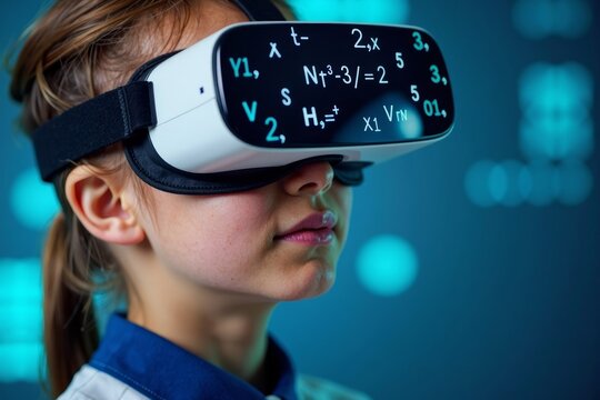 Student's reflection deeply engrossed in studying mathematical equations through virtual reality goggles.