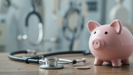 medical stethoscope piggy bank business concept health care investment insurance and saving money. 4k video - Powered by Adobe